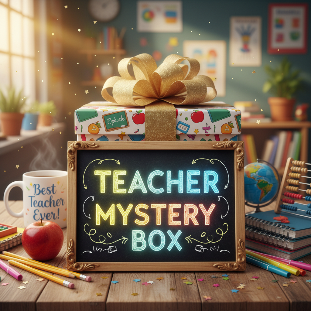 Teacher Mystery Box - colorful teacher themed gift box with chalkboard sign
